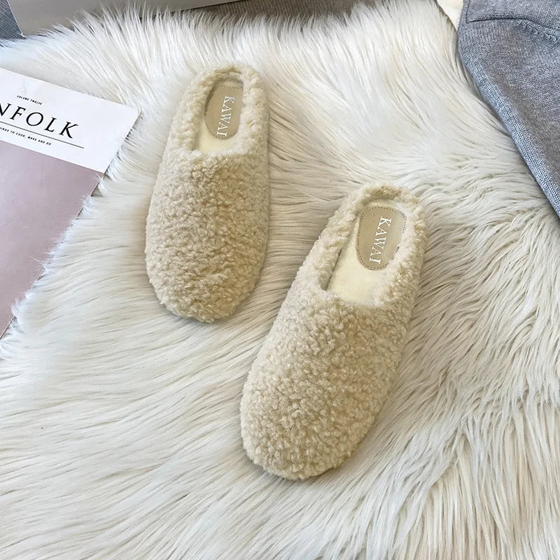 Plus Size 34-43 Luxury Lambwool Mules Winter Shoes Woman Flip Flops Flat Cover Toe Slides Ins Warm Curly Lamb Fur Slippers Women