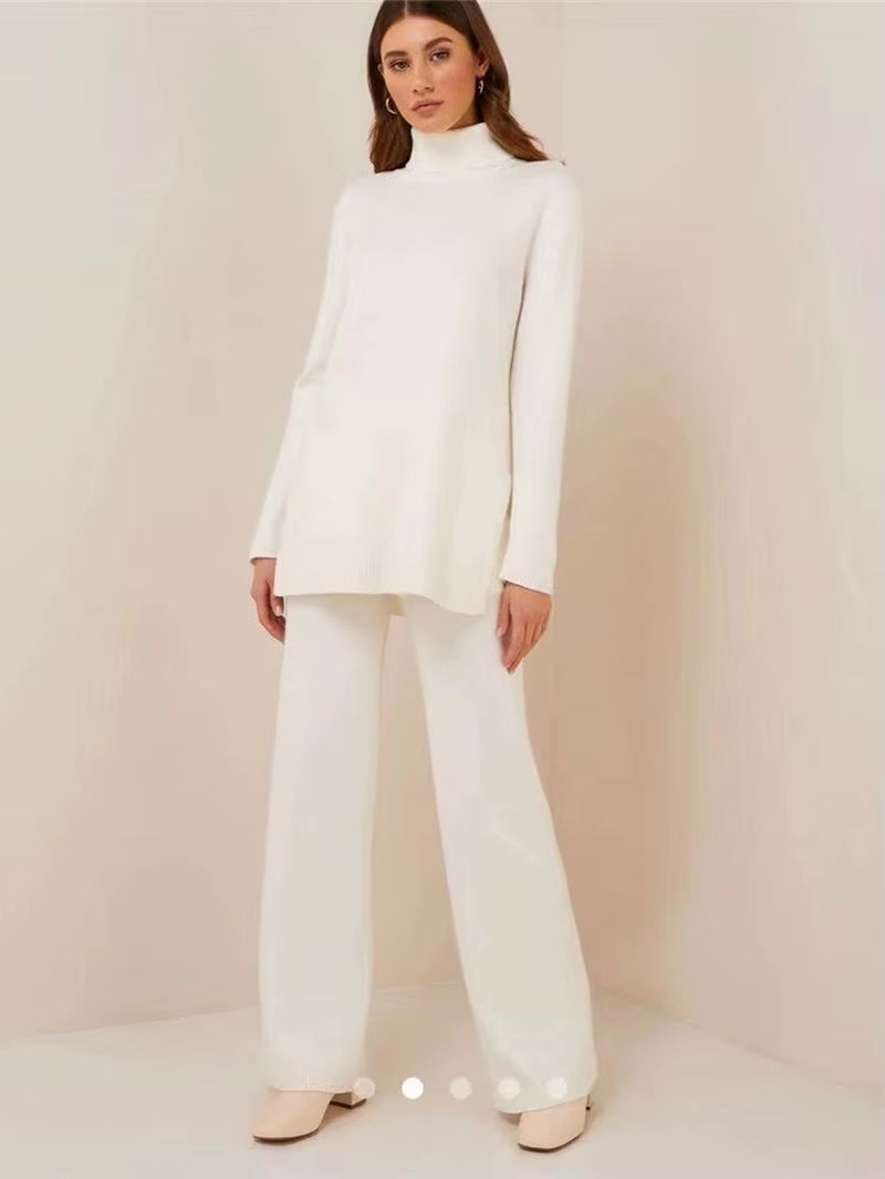 Luxury Two Pieces 45% Cashmere + 30% Wool Suits Female Turtleneck Warm Mink Cashmere Knit Tops + Wide Leg Wool Pant Sets F688