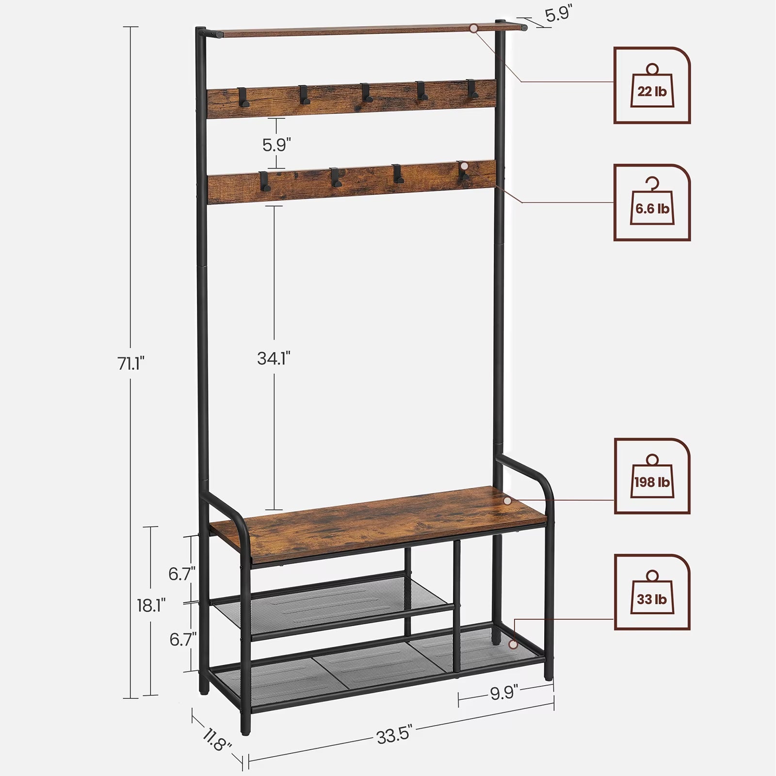 Coat Stand Rack, Coat and Shoe Storage Hallway, Coat Tree with Shoe Bench, 9 Removable Hooks, Top Shelf