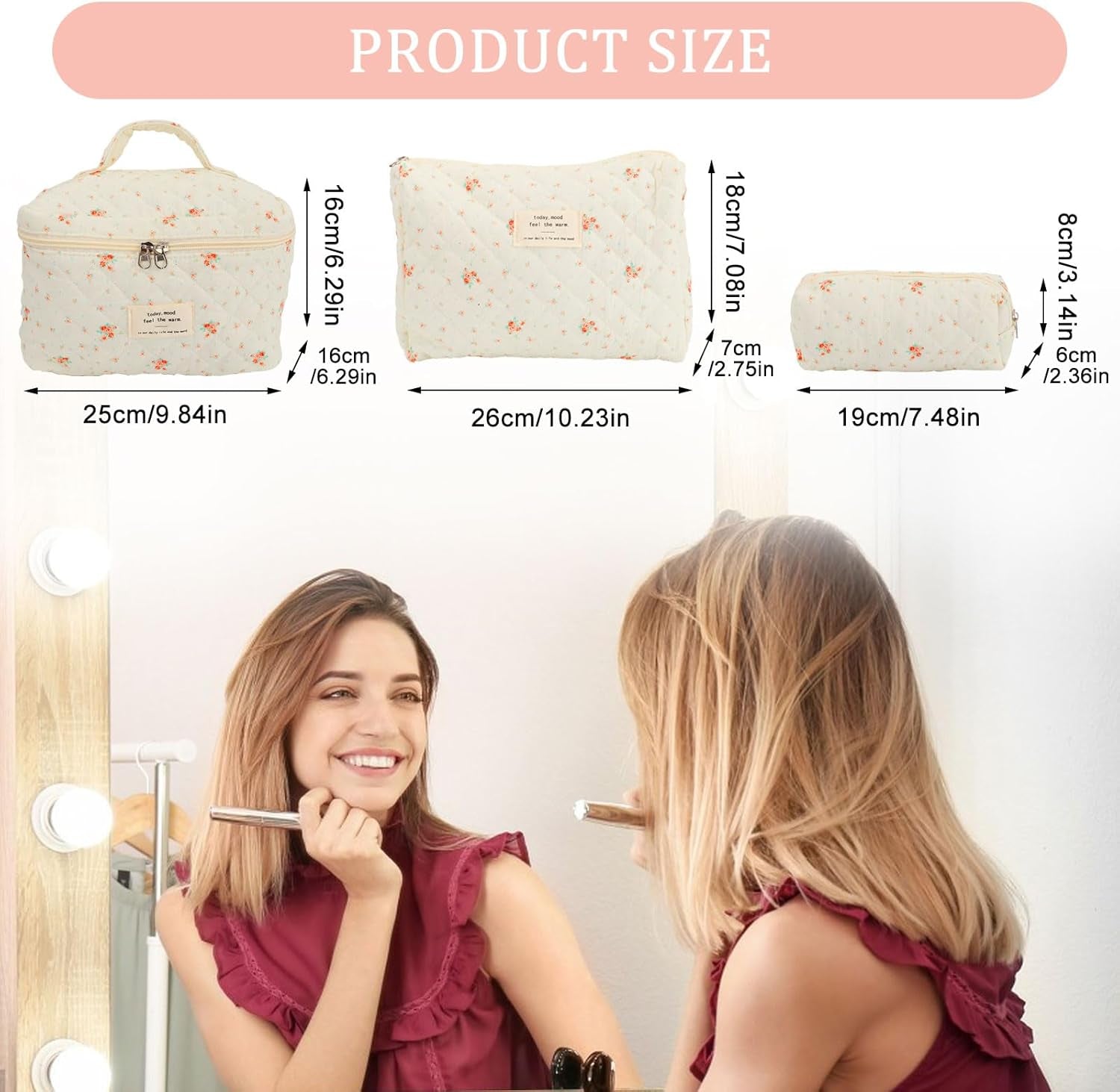 3Pcs Cotton Quilted ,Portable Travel Cosmetic Bag,Large Capacity Coquette Aesthetic Make up Bag Organizer,Travel Toiletry Bag with Handle for Women Girls Ladies (White)