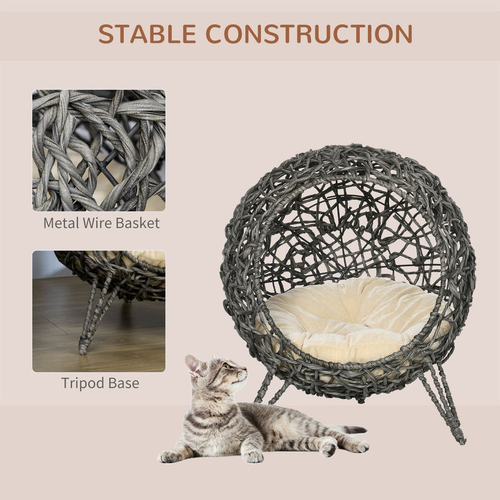 Pawhut Rattan Elevated Cat House Kitten Bed Pet Furniture W/ Cushion Grey