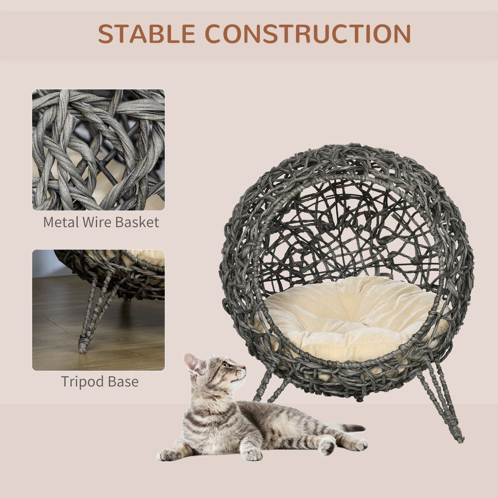 Pawhut Rattan Elevated Cat House Kitten Bed Pet Furniture W/ Cushion Grey