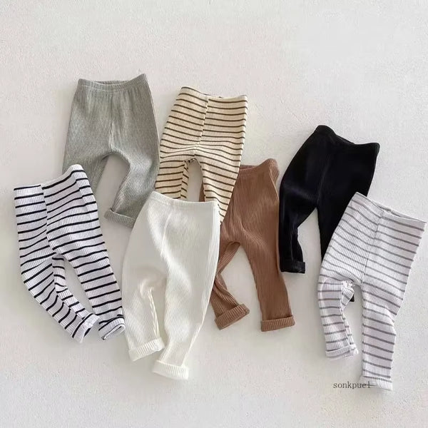 Baby Solid Leggings Girls All-Match Striped Skinny Pants Kids Cotton Elasticity Slim Pants Newborn Boy Stretch Trousers