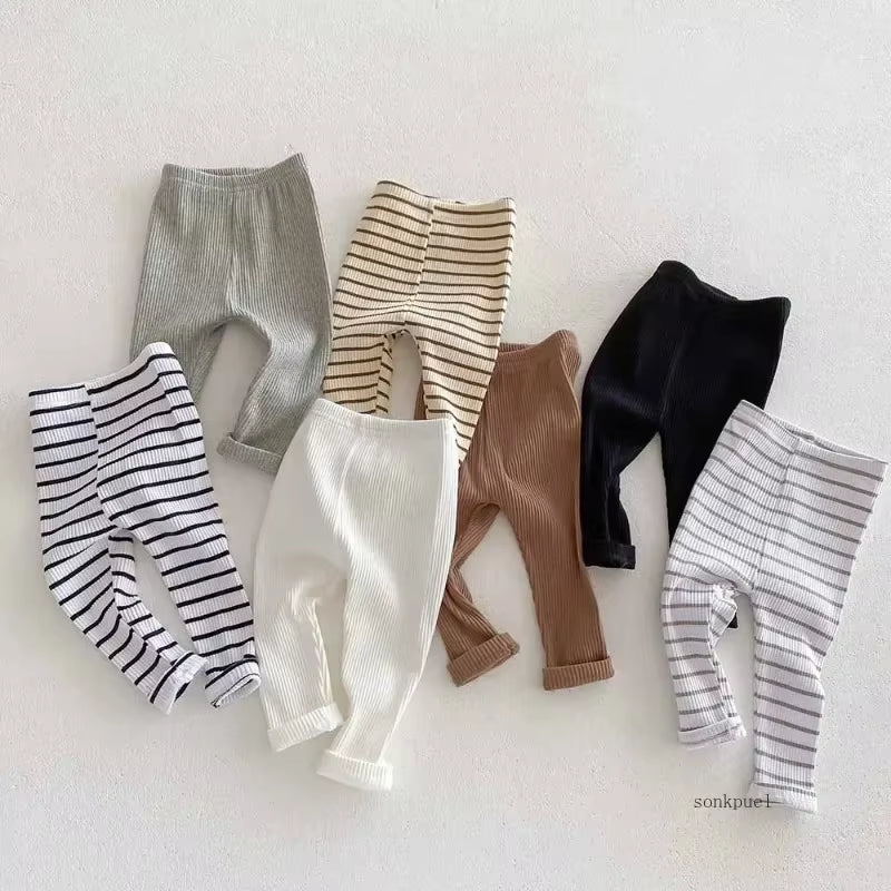 Baby Solid Leggings Girls All-Match Striped Skinny Pants Kids Cotton Elasticity Slim Pants Newborn Boy Stretch Trousers