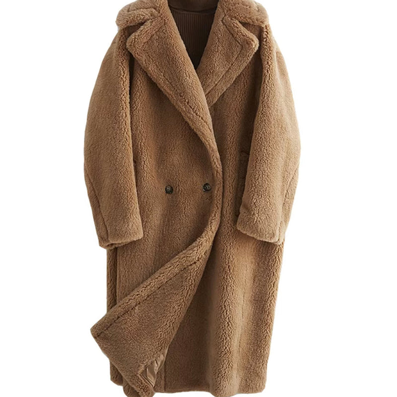 Real Fur Coat Wool Jacket Women Autumn Winter Thick Warm Soft Fleece Jacket Pocket Outerwear Overcoat Bear Teddy