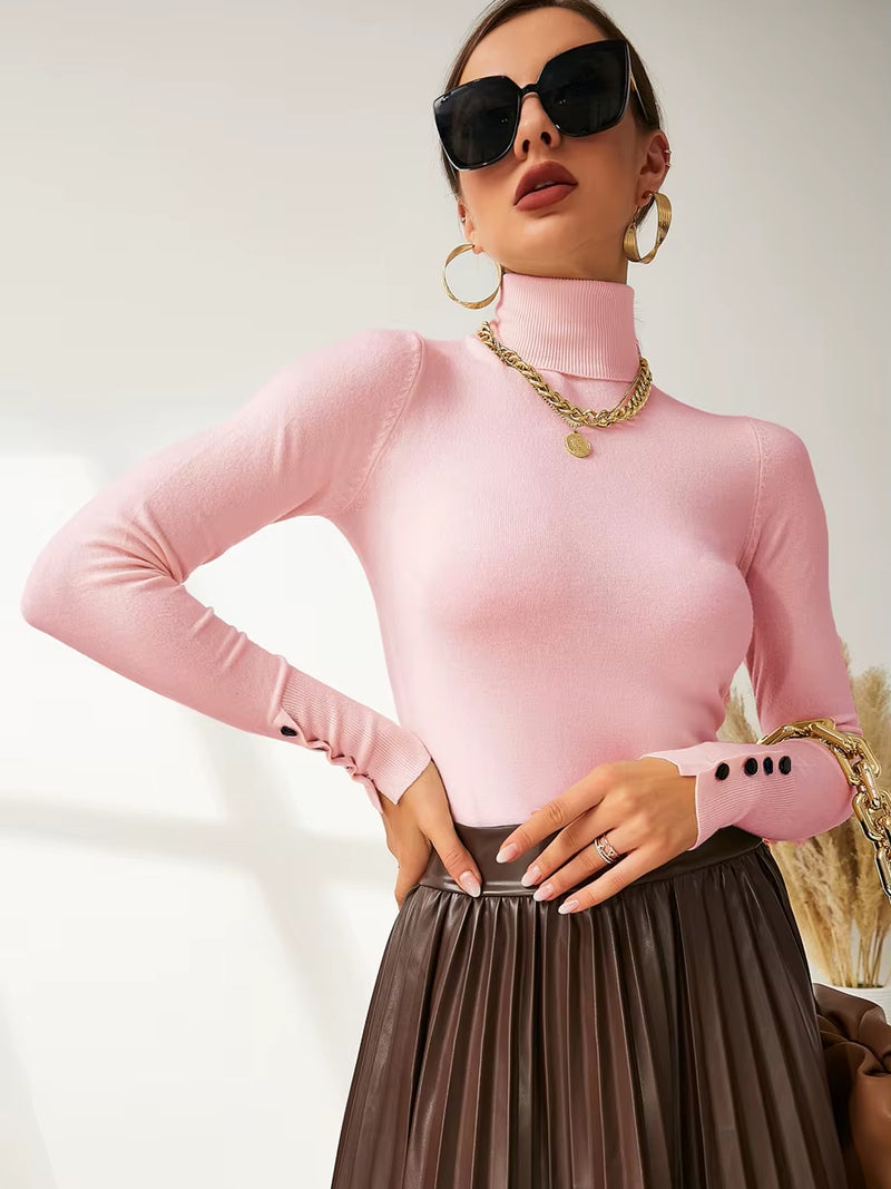 New Winter Spring Women Button Cuff Knit Turtleneck Pullover Loose Sweater Female Korean Fashion Jumper Tops Y2K Clothes Pulls