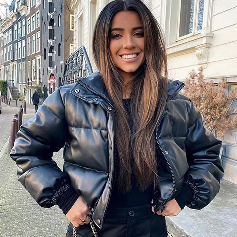 Winter Parka Coat Women'S Jacket Thick Warm Women Fashion Black PU Leather Coats Women Elegant Zipper Faux Leather Jackets Tops