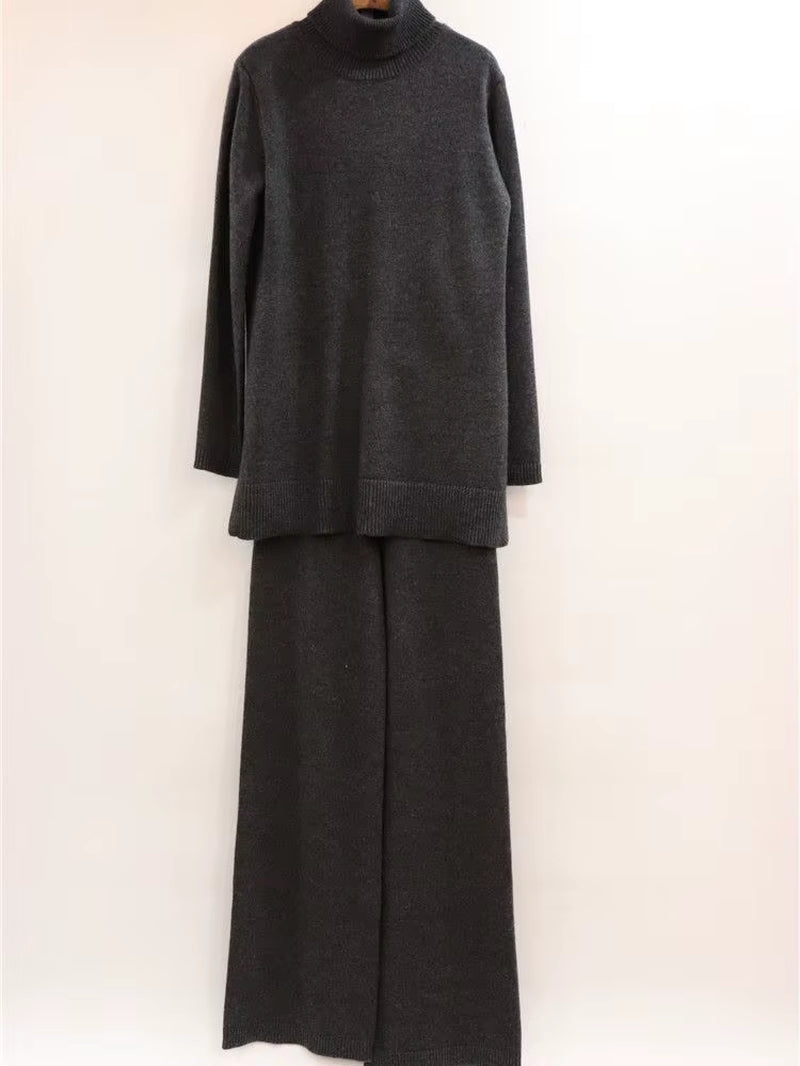 Luxury Two Pieces 45% Cashmere + 30% Wool Suits Female Turtleneck Warm Mink Cashmere Knit Tops + Wide Leg Wool Pant Sets F688