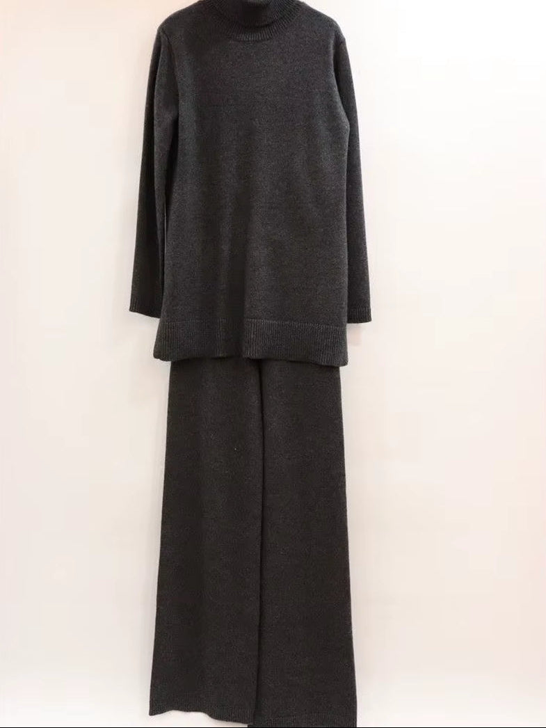 Luxury Two Pieces 45% Cashmere + 30% Wool Suits Female Turtleneck Warm Mink Cashmere Knit Tops + Wide Leg Wool Pant Sets F688