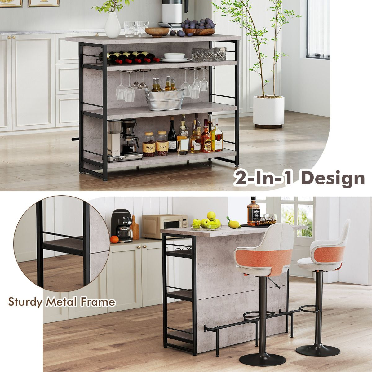 Industrial Home Bar Unit with 3 Open Shelves