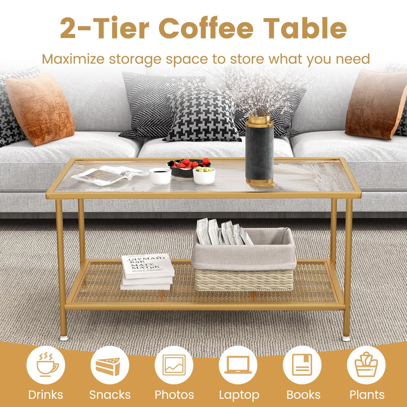 2-Tier Coffee Table with Shelf Tempered Glass Top