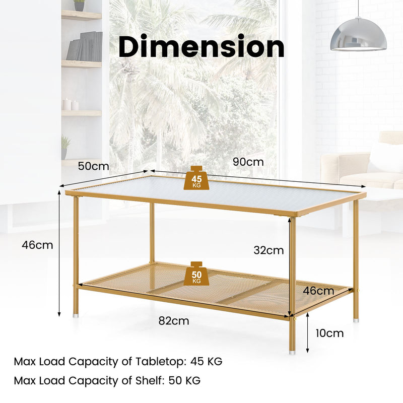 2-Tier Coffee Table with Shelf Tempered Glass Top