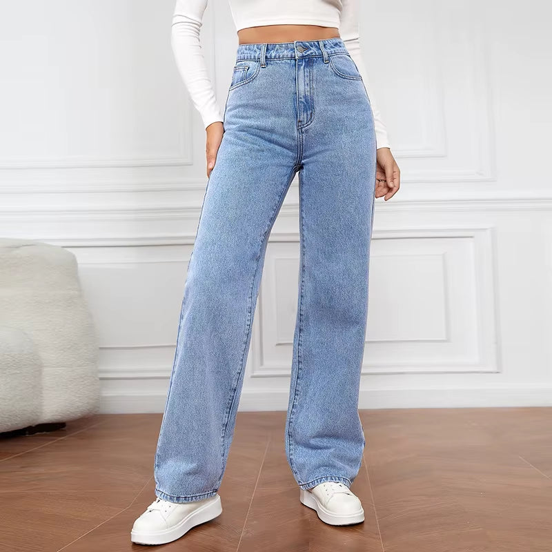 Fashion Retro Blue Jeans Women Y2K High Street Baggy Straight Pants High Waisted All-In-One Slim Pants