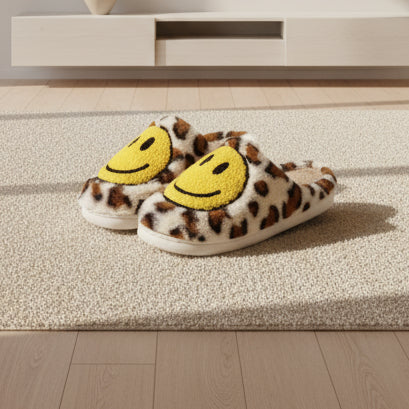 Leopard Fluffy Slippers for Home Smile Designer Platform Shoes Women 2025 Indoor Plush Sliders Warm Flats Chic Winter Footwear