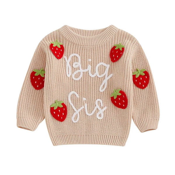 1-4Years Toddler Girls Sweater Strawberry Letter Embroidery Crew Neck Long Sleeve Kids Pullovers Jumper for Girls