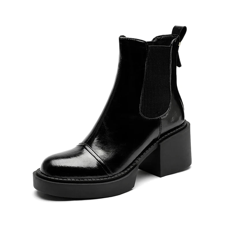 2024 Winter Genuine Leather Ankle Boots Women Shoes Retro round Toe Women Boots Platform Boots Womens Heels Chunky Boots