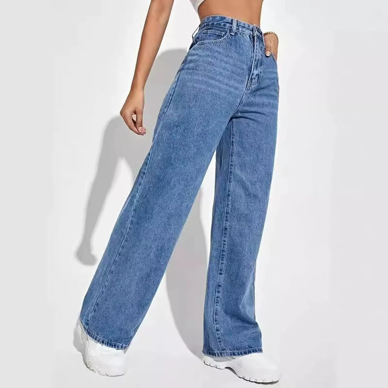 Fashion Retro Blue Jeans Women Y2K High Street Baggy Straight Pants High Waisted All-In-One Slim Pants