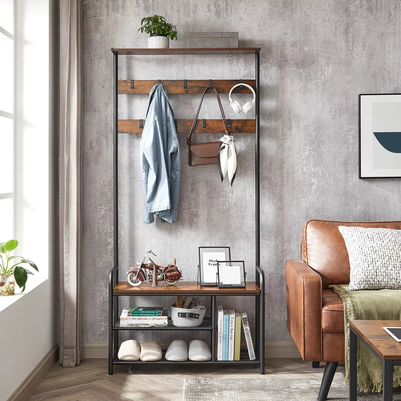 Coat Stand Rack, Coat and Shoe Storage Hallway, Coat Tree with Shoe Bench, 9 Removable Hooks, Top Shelf