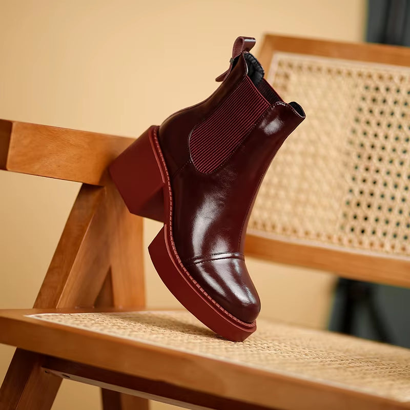 2024 Winter Genuine Leather Ankle Boots Women Shoes Retro round Toe Women Boots Platform Boots Womens Heels Chunky Boots