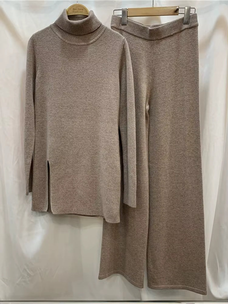 Luxury Two Pieces 45% Cashmere + 30% Wool Suits Female Turtleneck Warm Mink Cashmere Knit Tops + Wide Leg Wool Pant Sets F688