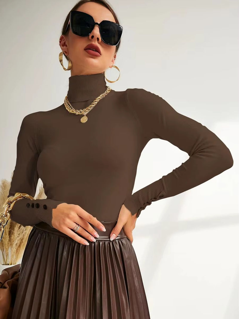 New Winter Spring Women Button Cuff Knit Turtleneck Pullover Loose Sweater Female Korean Fashion Jumper Tops Y2K Clothes Pulls