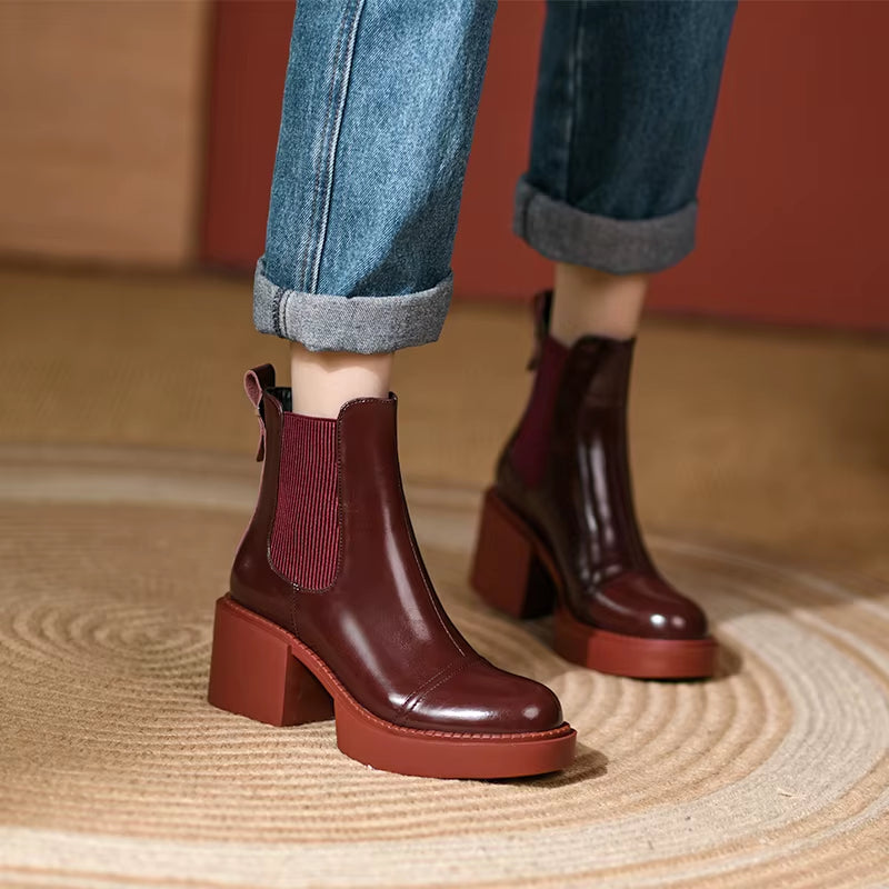 2024 Winter Genuine Leather Ankle Boots Women Shoes Retro round Toe Women Boots Platform Boots Womens Heels Chunky Boots