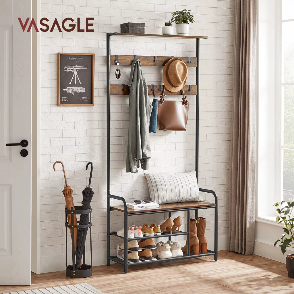 Coat Stand Rack, Coat and Shoe Storage Hallway, Coat Tree with Shoe Bench, 9 Removable Hooks, Top Shelf