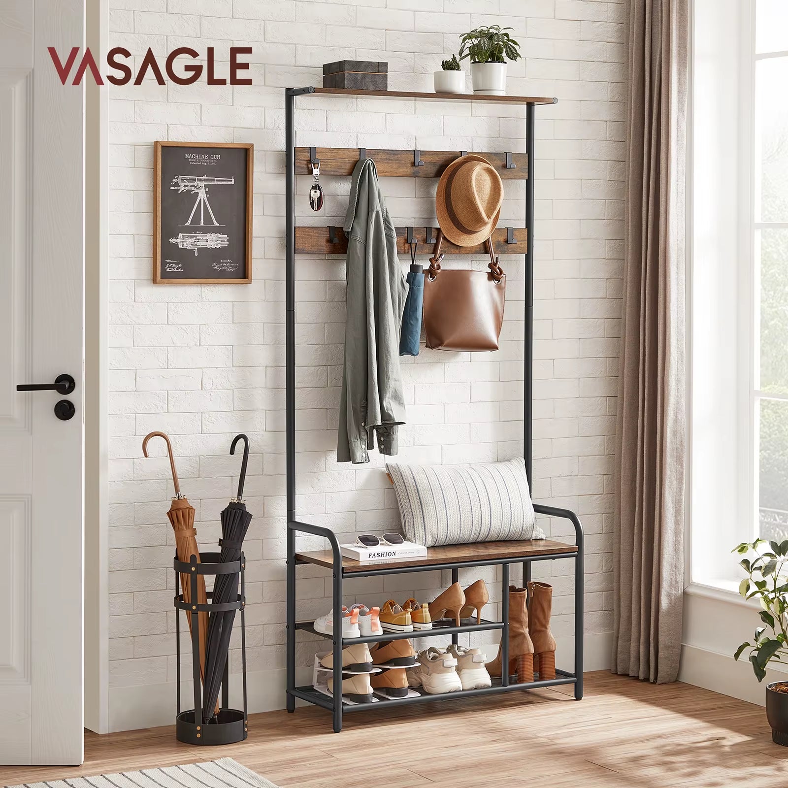 Coat Stand Rack, Coat and Shoe Storage Hallway, Coat Tree with Shoe Bench, 9 Removable Hooks, Top Shelf