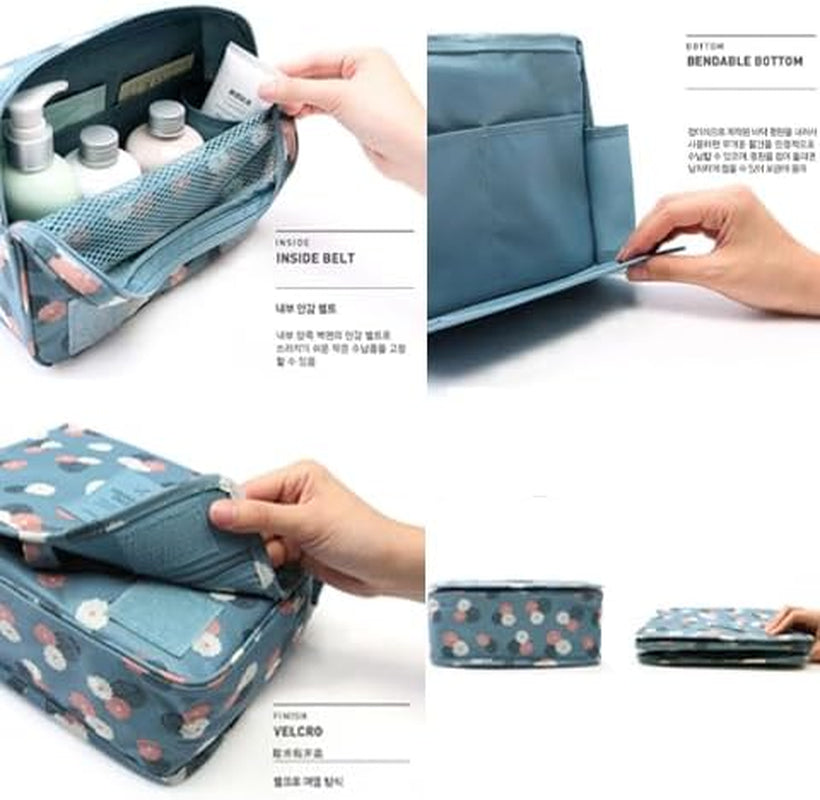 Travel Wash Bag - Bag Makeup Bag Organizer - Hanging Toiletry Bag - Suitable for Toiletries and Ladies,Cosmetic Accessories Storage Pouch,Blue with Flower