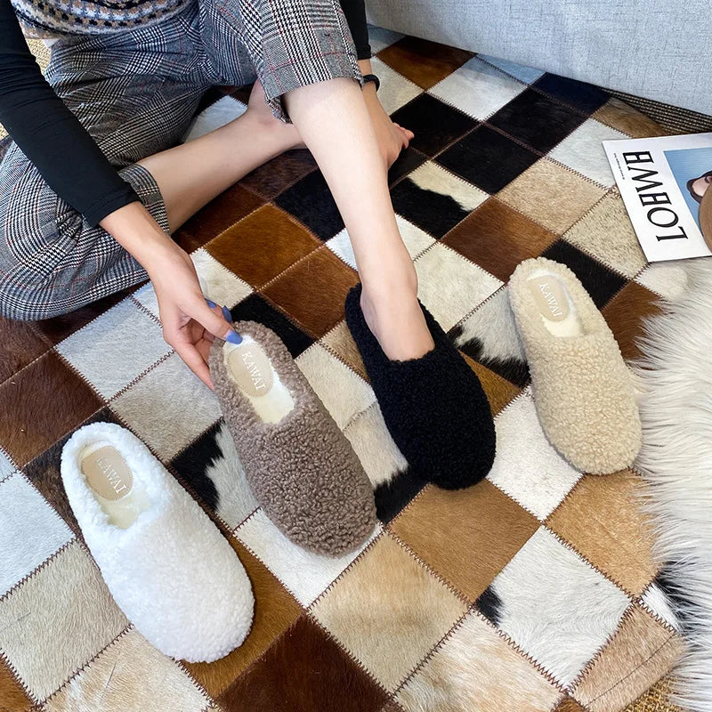 Plus Size 34-43 Luxury Lambwool Mules Winter Shoes Woman Flip Flops Flat Cover Toe Slides Ins Warm Curly Lamb Fur Slippers Women