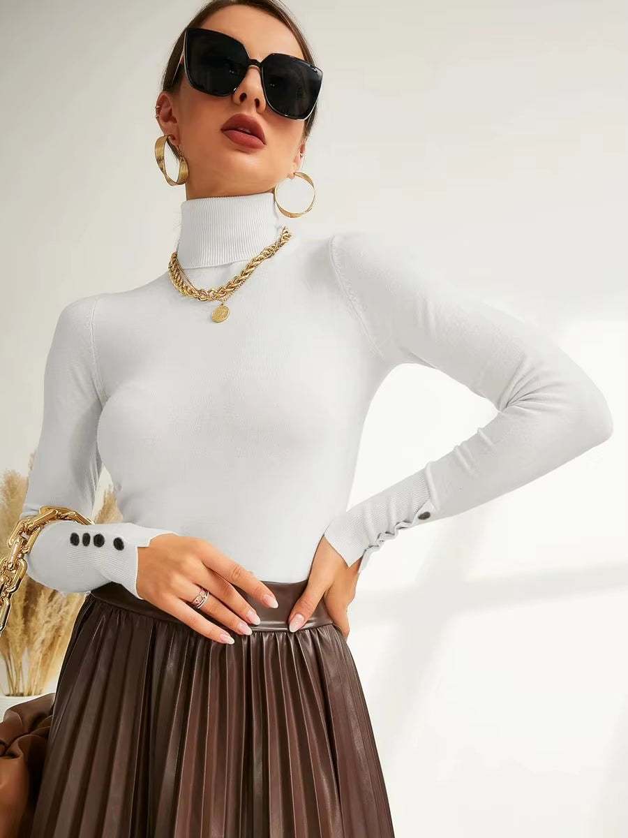 New Winter Spring Women Button Cuff Knit Turtleneck Pullover Loose Sweater Female Korean Fashion Jumper Tops Y2K Clothes Pulls