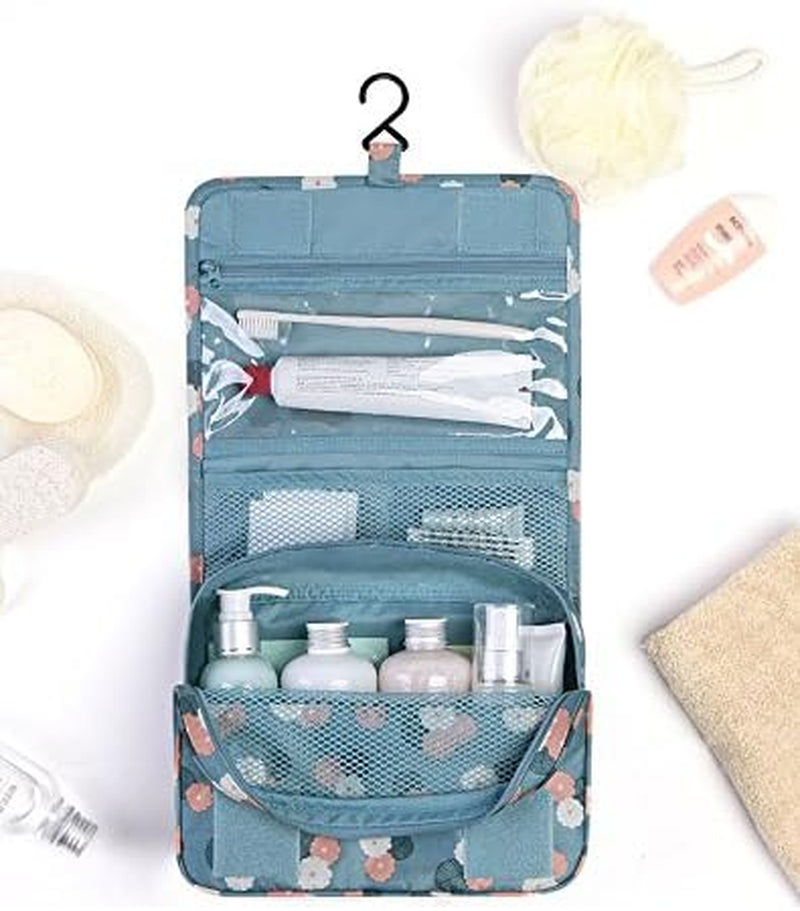 Travel Wash Bag - Bag Makeup Bag Organizer - Hanging Toiletry Bag - Suitable for Toiletries and Ladies,Cosmetic Accessories Storage Pouch,Blue with Flower
