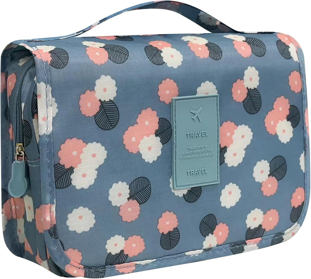 Travel Wash Bag - Bag Makeup Bag Organizer - Hanging Toiletry Bag - Suitable for Toiletries and Ladies,Cosmetic Accessories Storage Pouch,Blue with Flower