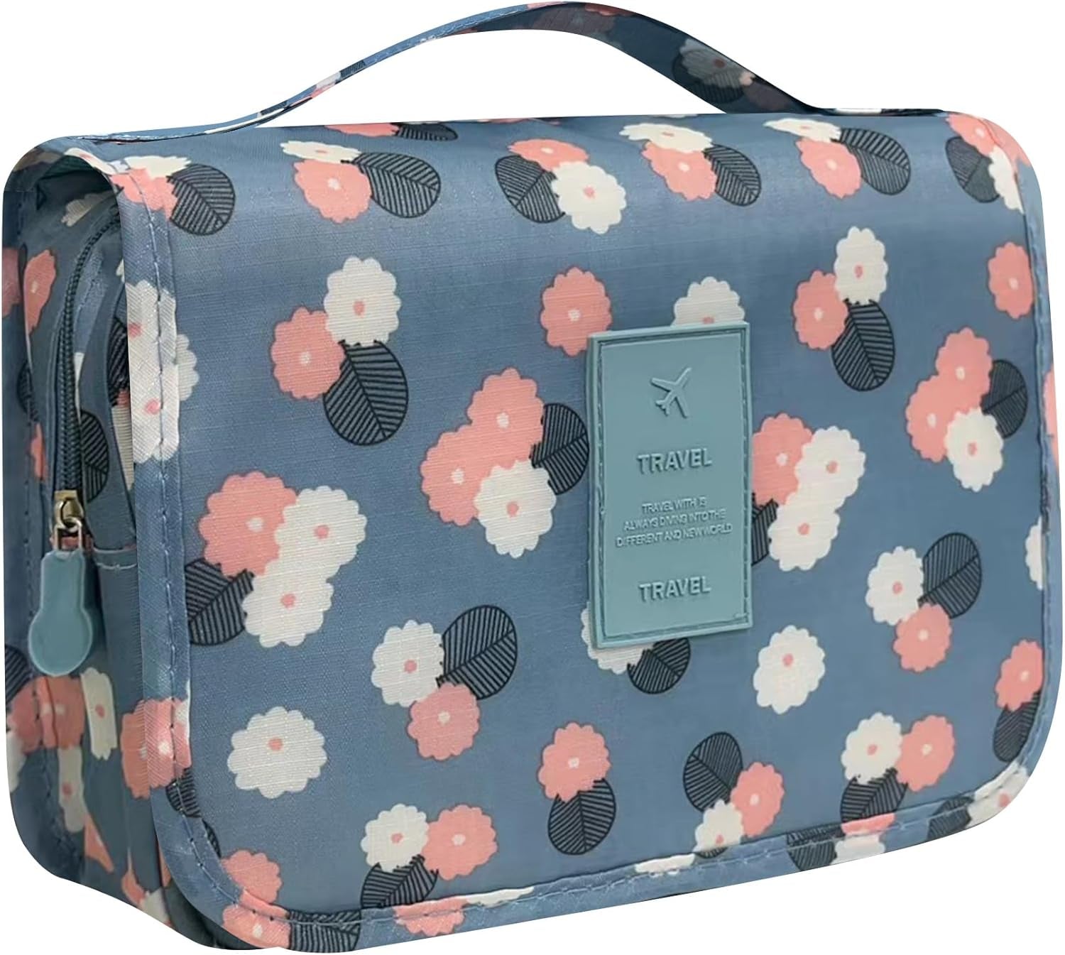 Travel Wash Bag - Bag Makeup Bag Organizer - Hanging Toiletry Bag - Suitable for Toiletries and Ladies,Cosmetic Accessories Storage Pouch,Blue with Flower