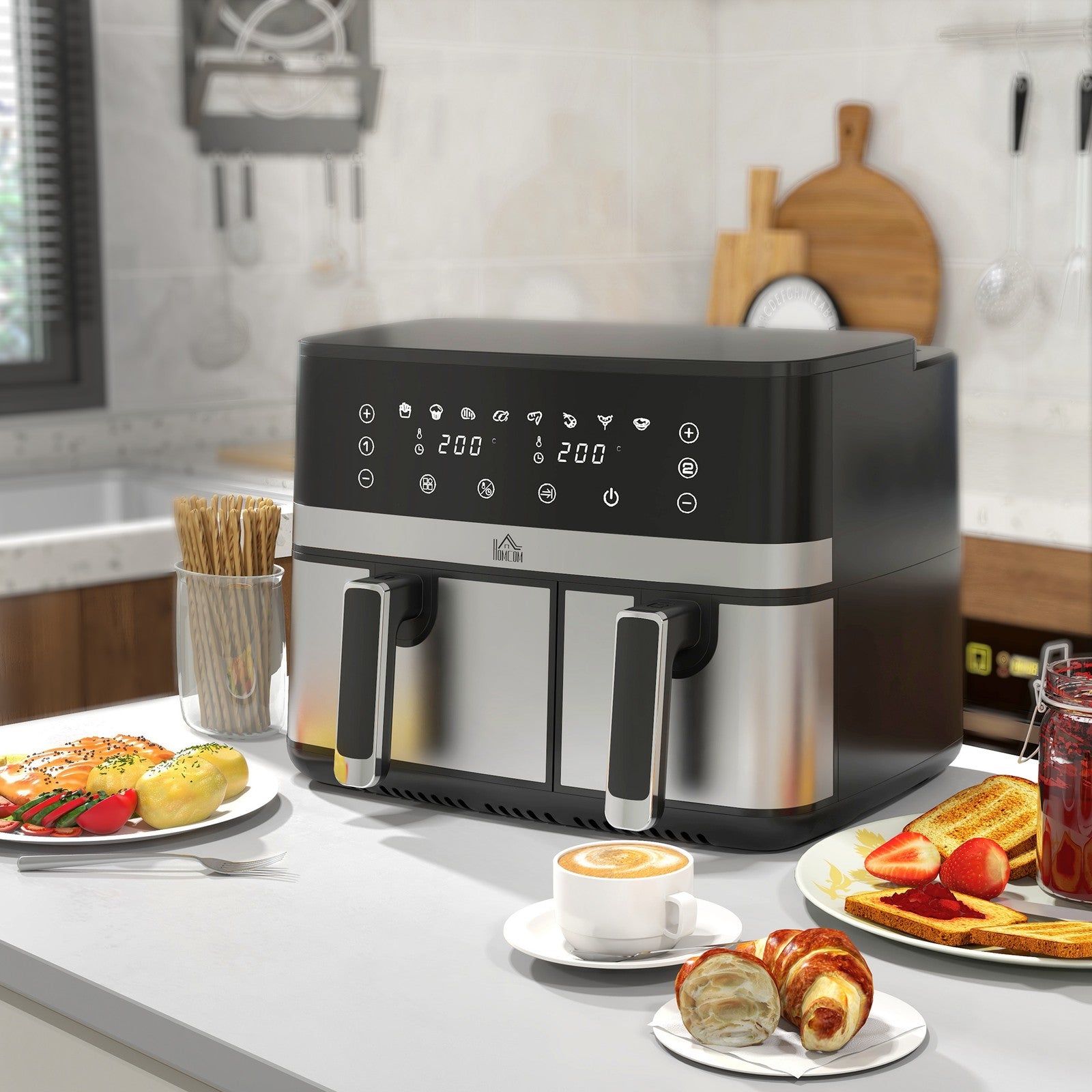 Dual Air Fryer, 8.5L Double Air Fryer with 8 Presets, Smart Finish, 2700W