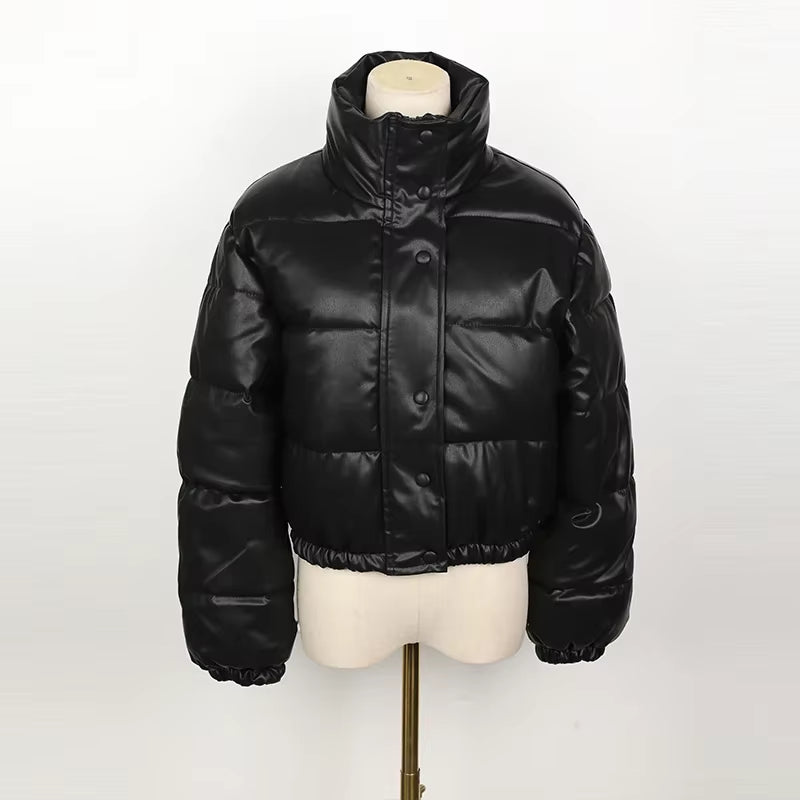 Winter Parka Coat Women'S Jacket Thick Warm Women Fashion Black PU Leather Coats Women Elegant Zipper Faux Leather Jackets Tops