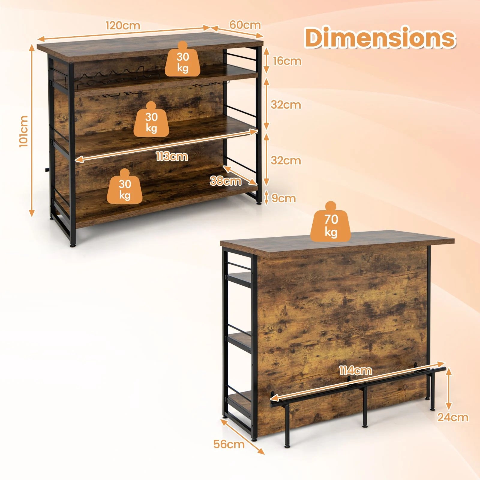Industrial Home Bar Unit with 3 Open Shelves