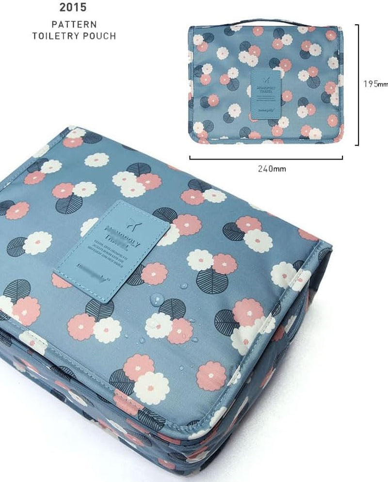 Travel Wash Bag - Bag Makeup Bag Organizer - Hanging Toiletry Bag - Suitable for Toiletries and Ladies,Cosmetic Accessories Storage Pouch,Blue with Flower