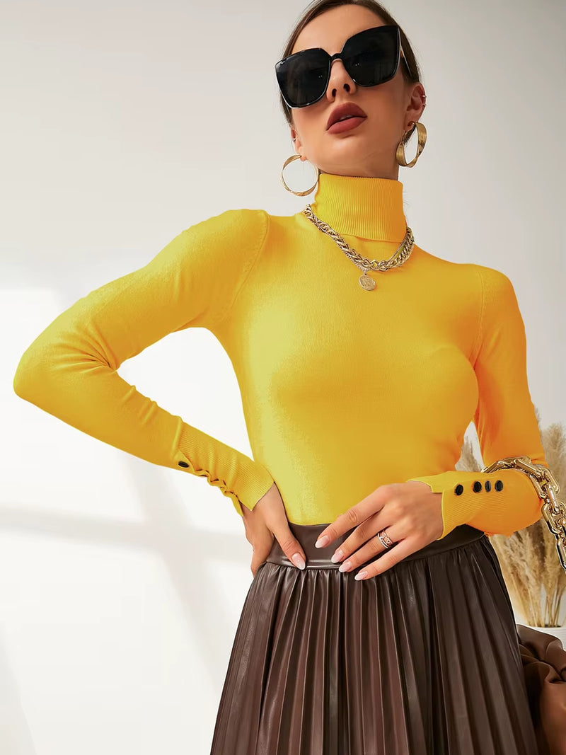 New Winter Spring Women Button Cuff Knit Turtleneck Pullover Loose Sweater Female Korean Fashion Jumper Tops Y2K Clothes Pulls