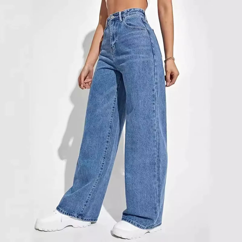 Fashion Retro Blue Jeans Women Y2K High Street Baggy Straight Pants High Waisted All-In-One Slim Pants