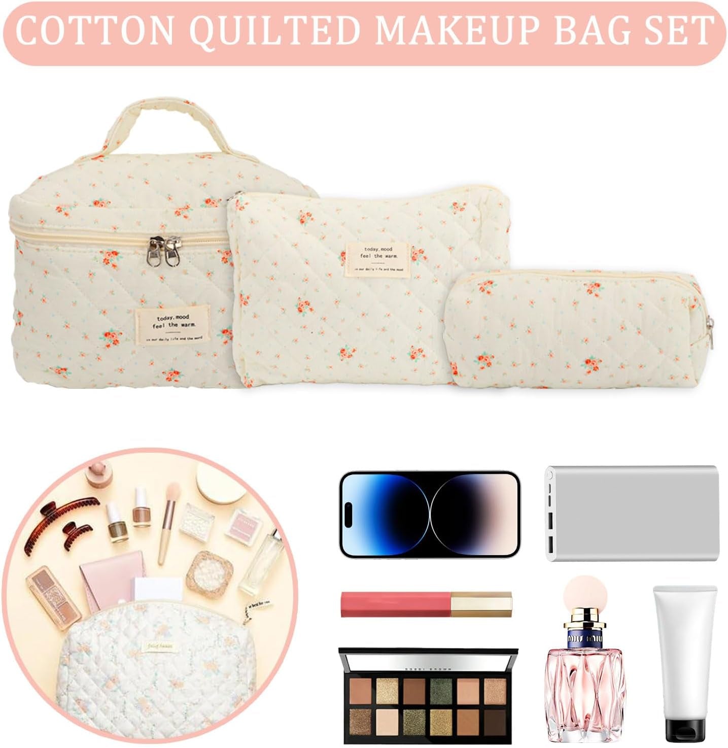 3Pcs Cotton Quilted ,Portable Travel Cosmetic Bag,Large Capacity Coquette Aesthetic Make up Bag Organizer,Travel Toiletry Bag with Handle for Women Girls Ladies (White)