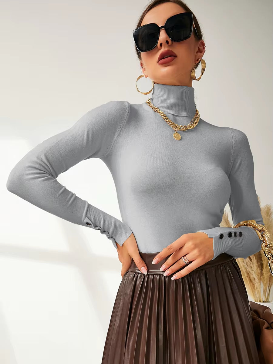 New Winter Spring Women Button Cuff Knit Turtleneck Pullover Loose Sweater Female Korean Fashion Jumper Tops Y2K Clothes Pulls