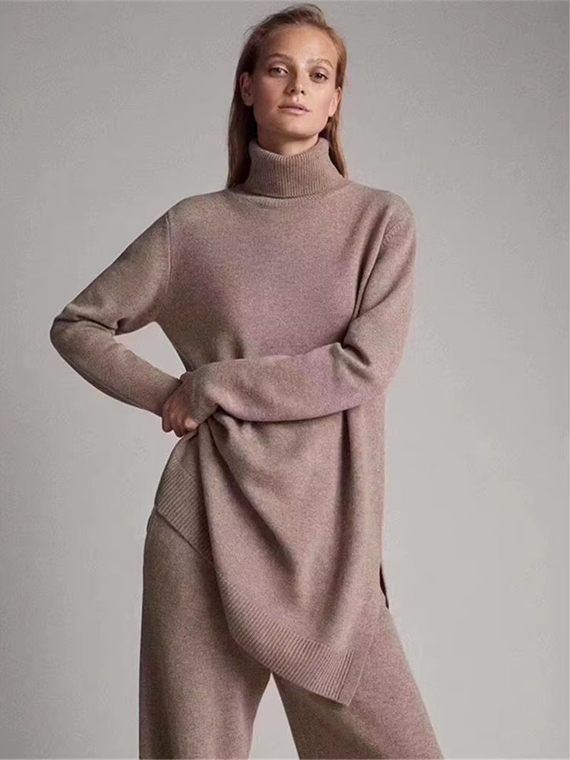 Luxury Two Pieces 45% Cashmere + 30% Wool Suits Female Turtleneck Warm Mink Cashmere Knit Tops + Wide Leg Wool Pant Sets F688