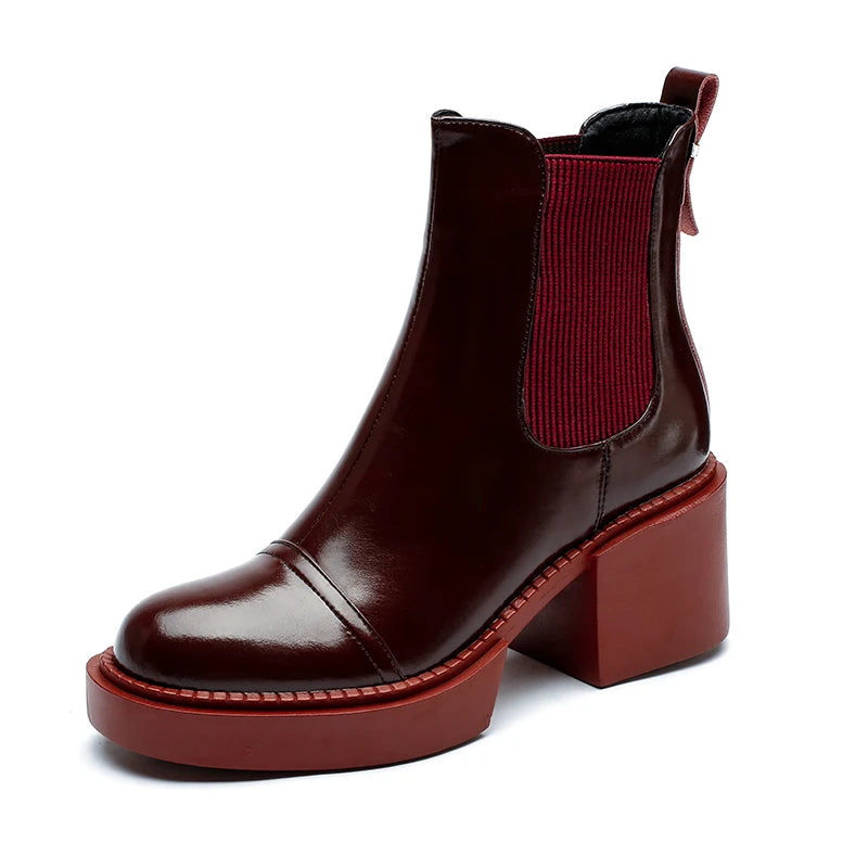 2024 Winter Genuine Leather Ankle Boots Women Shoes Retro round Toe Women Boots Platform Boots Womens Heels Chunky Boots