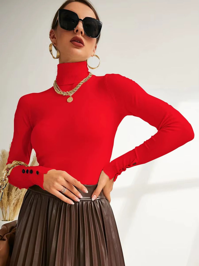 New Winter Spring Women Button Cuff Knit Turtleneck Pullover Loose Sweater Female Korean Fashion Jumper Tops Y2K Clothes Pulls