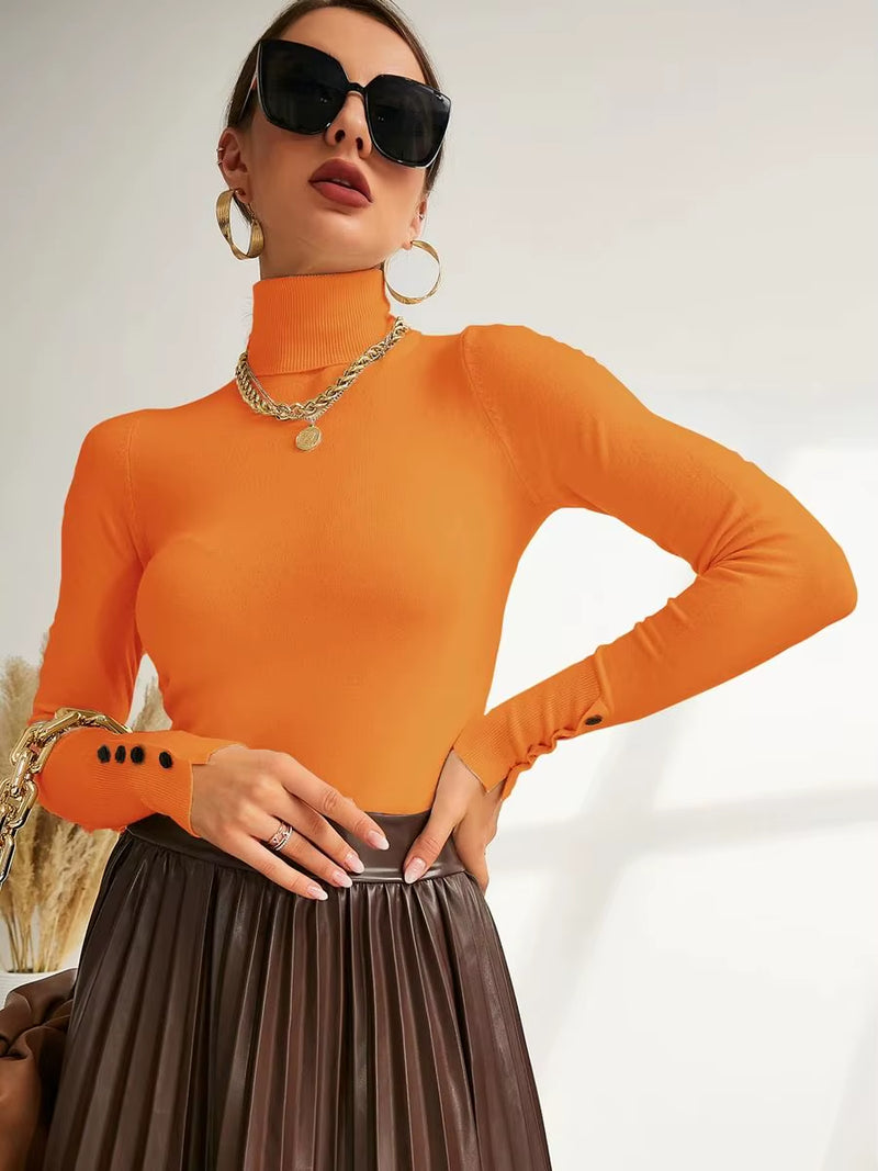 New Winter Spring Women Button Cuff Knit Turtleneck Pullover Loose Sweater Female Korean Fashion Jumper Tops Y2K Clothes Pulls