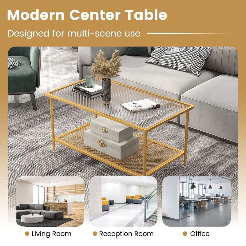 2-Tier Coffee Table with Shelf Tempered Glass Top