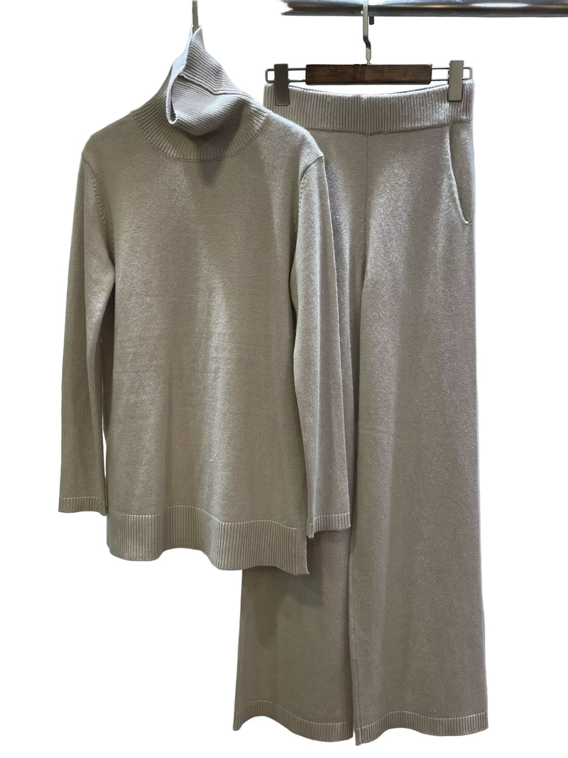 Luxury Two Pieces 45% Cashmere + 30% Wool Suits Female Turtleneck Warm Mink Cashmere Knit Tops + Wide Leg Wool Pant Sets F688