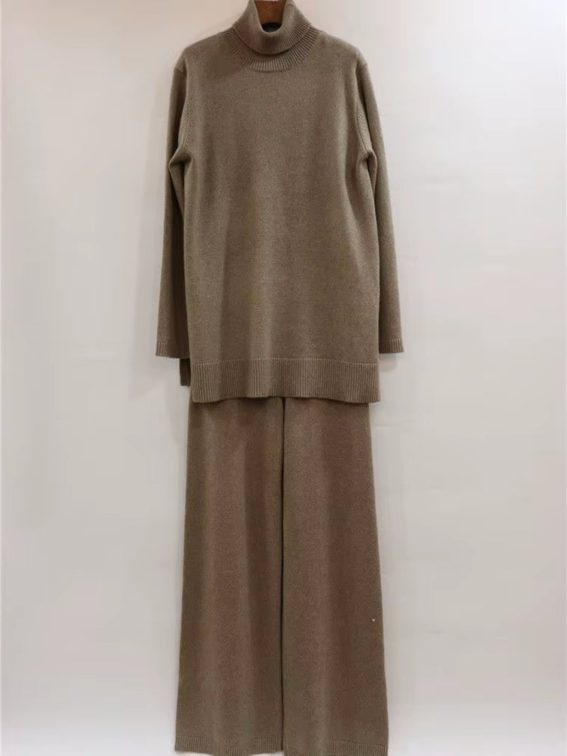 Luxury Two Pieces 45% Cashmere + 30% Wool Suits Female Turtleneck Warm Mink Cashmere Knit Tops + Wide Leg Wool Pant Sets F688