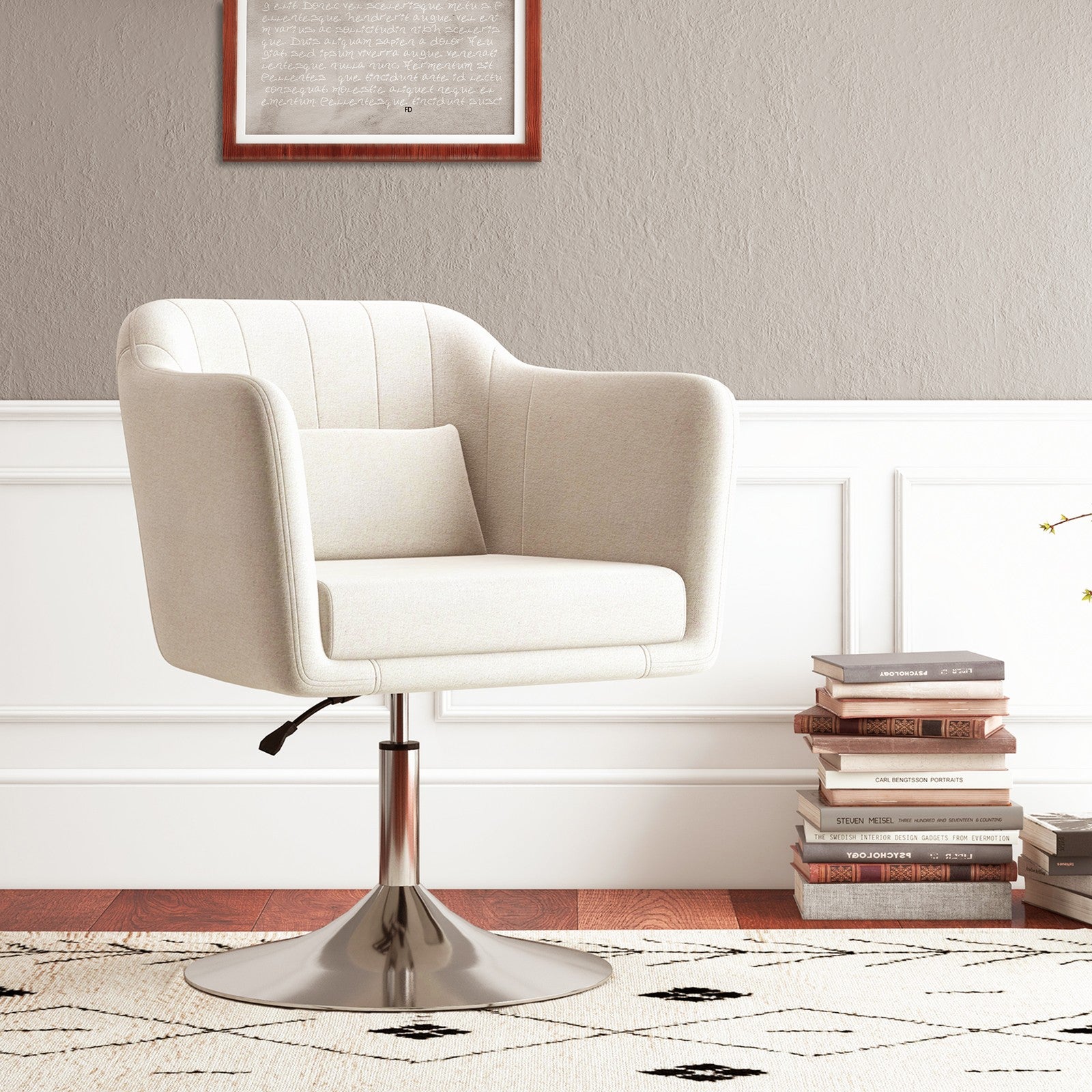Stylish Retro Cream White Linen Swivel Tub Chair
